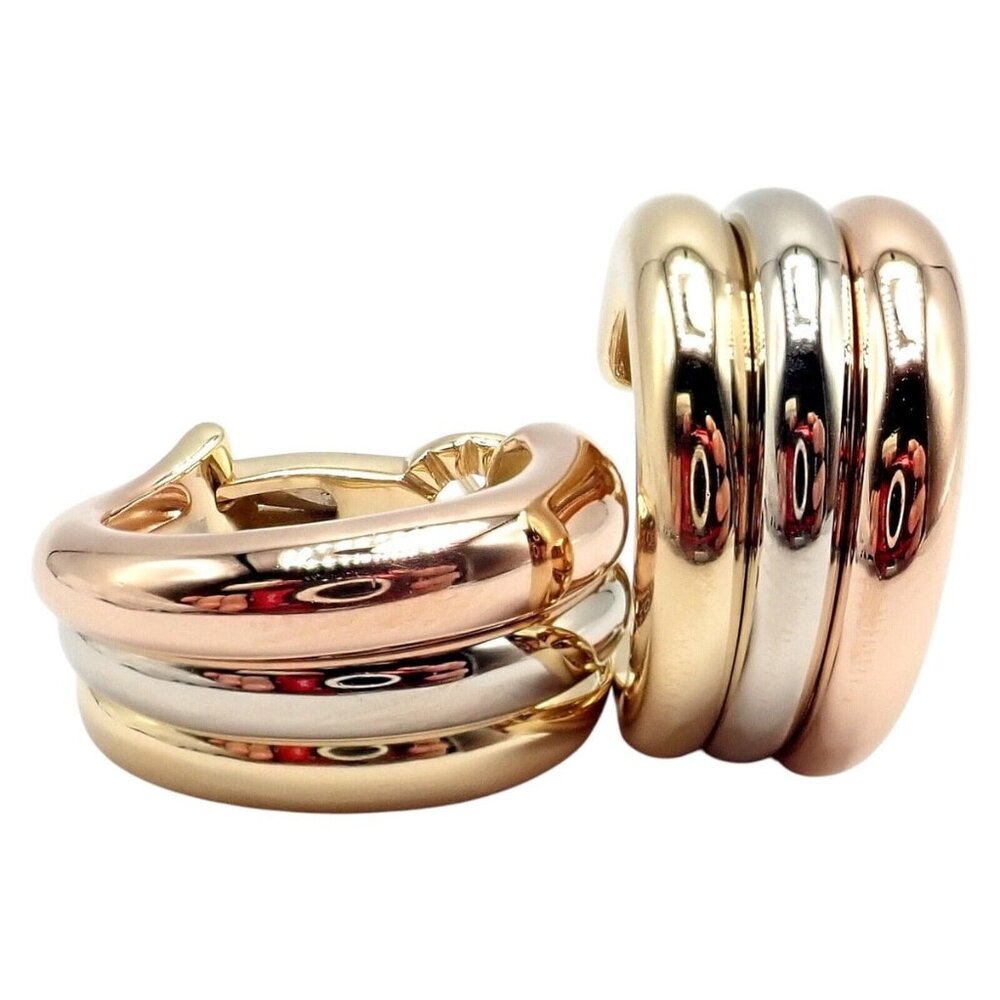 Authentic! Cartier 18k Tri-Color Gold Large Size Trinity Huggie Hoop Earrings